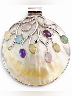 Large Sterling Silver Mother of Pearl Multi Gemstone Pendant 925